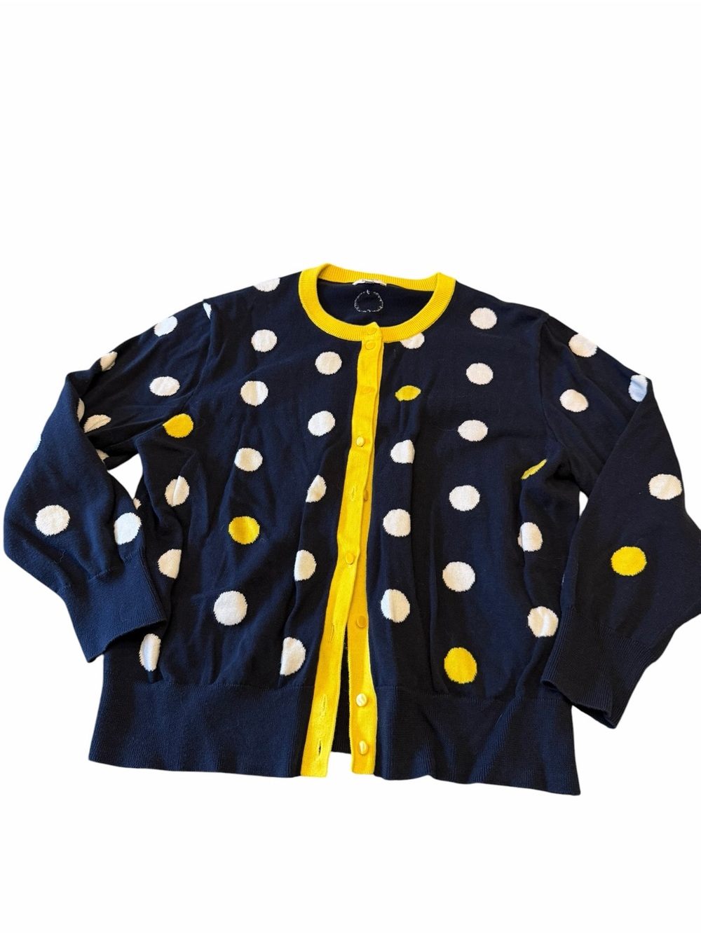 crown & ivy Navy Cardigan with White and Yellow Polka Dots